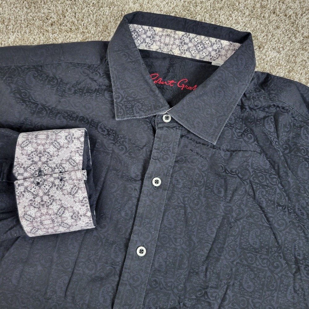 Robert Graham Mens 3XL Black AOP Jacquard Paisley Button Up LS Flip Cuff